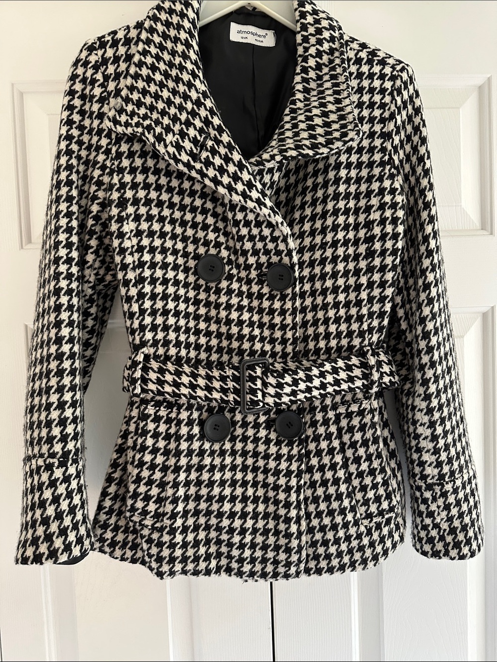 Atmosphere Houndstooth black & white Double-Breasted Belted Pea Coat size small